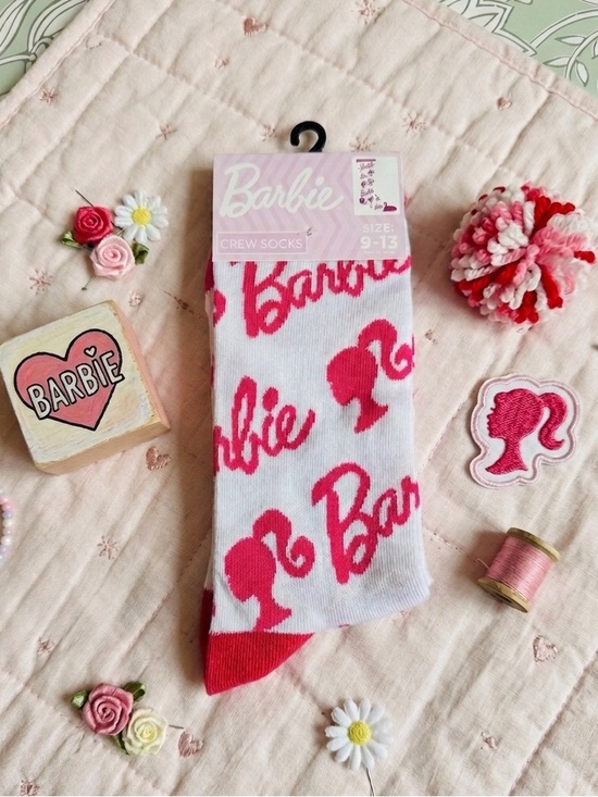 Barbie Accessories - Barbie White Crew Socks with Bright Pink Logo and Silhouette